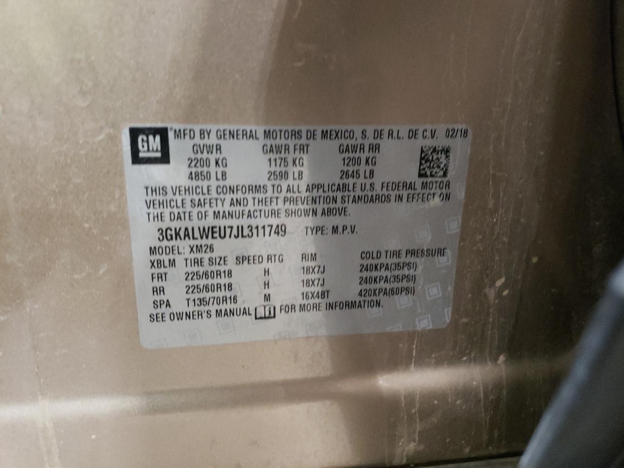2018 GMC Terrain VIN 3GKALWEU7JL311749 Copart auction photo, front end damage thumbnail 13