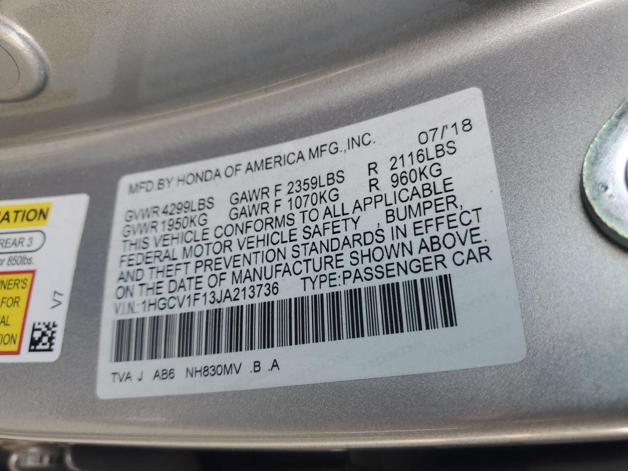 2018 Honda Accord VIN 1HGCV1F13JA213736 Copart auction photo, front end / rear end damage thumbnail 12