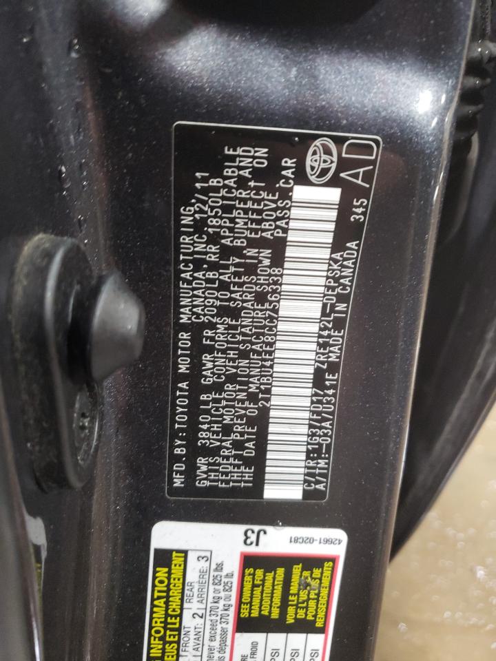 2012 Toyota Corolla VIN 2T1BU4EE8CC756338 Copart auction photo, side damage thumbnail 12