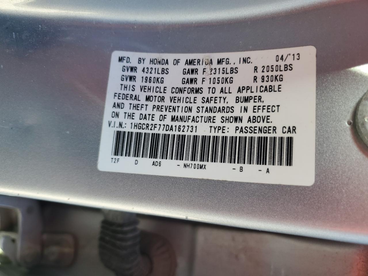 2013 Honda Accord VIN 1HGCR2F77DA162731 Copart auction photo, rear end damage thumbnail 12