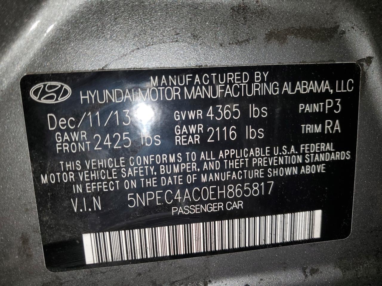 2014 Hyundai Sonata VIN 5NPEC4AC0EH865817 Copart auction photo, rear end / side damage thumbnail 14