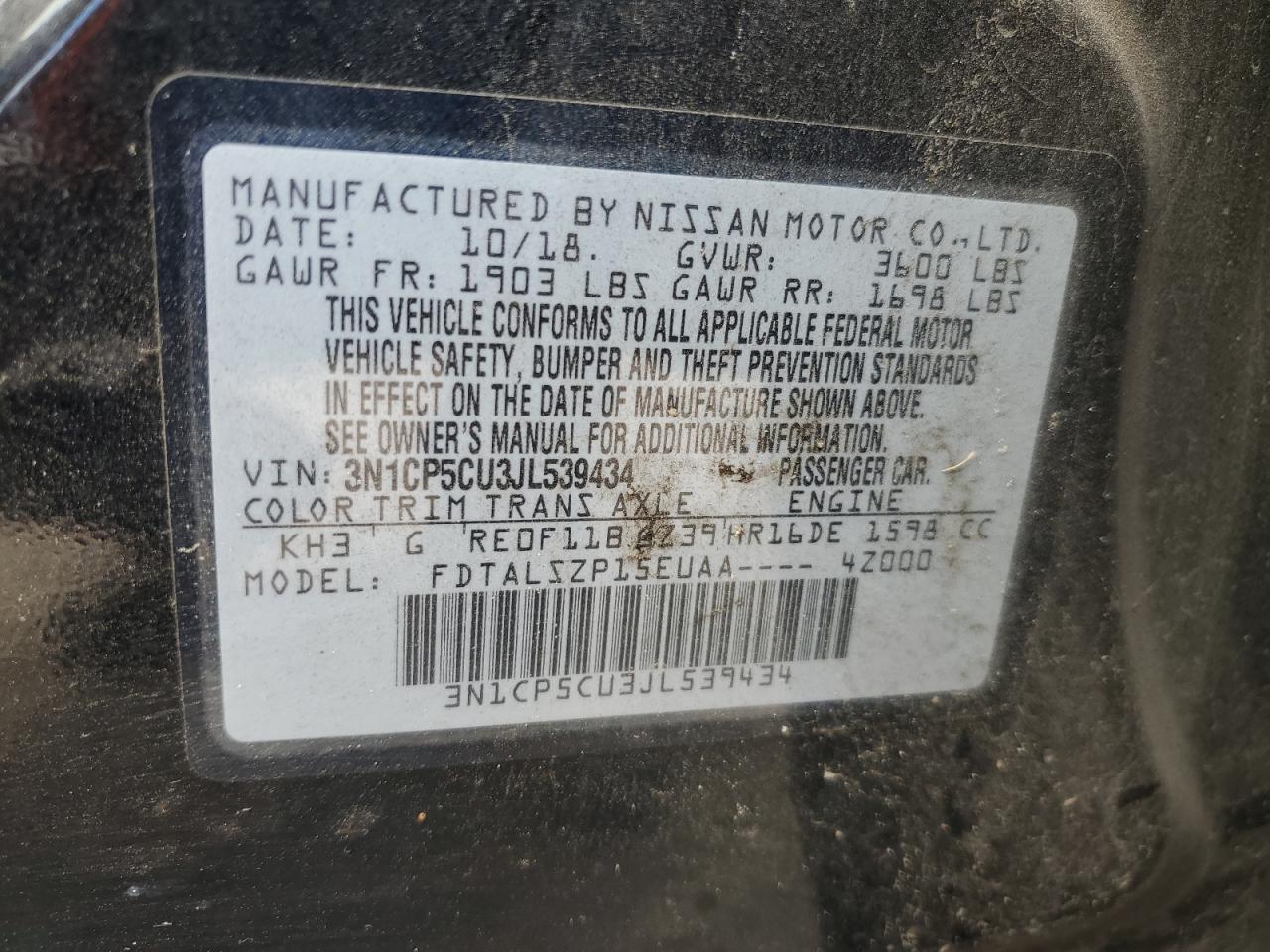 2018 Nissan Kicks VIN 3N1CP5CU3JL539434 Copart auction photo, front end damage thumbnail 15