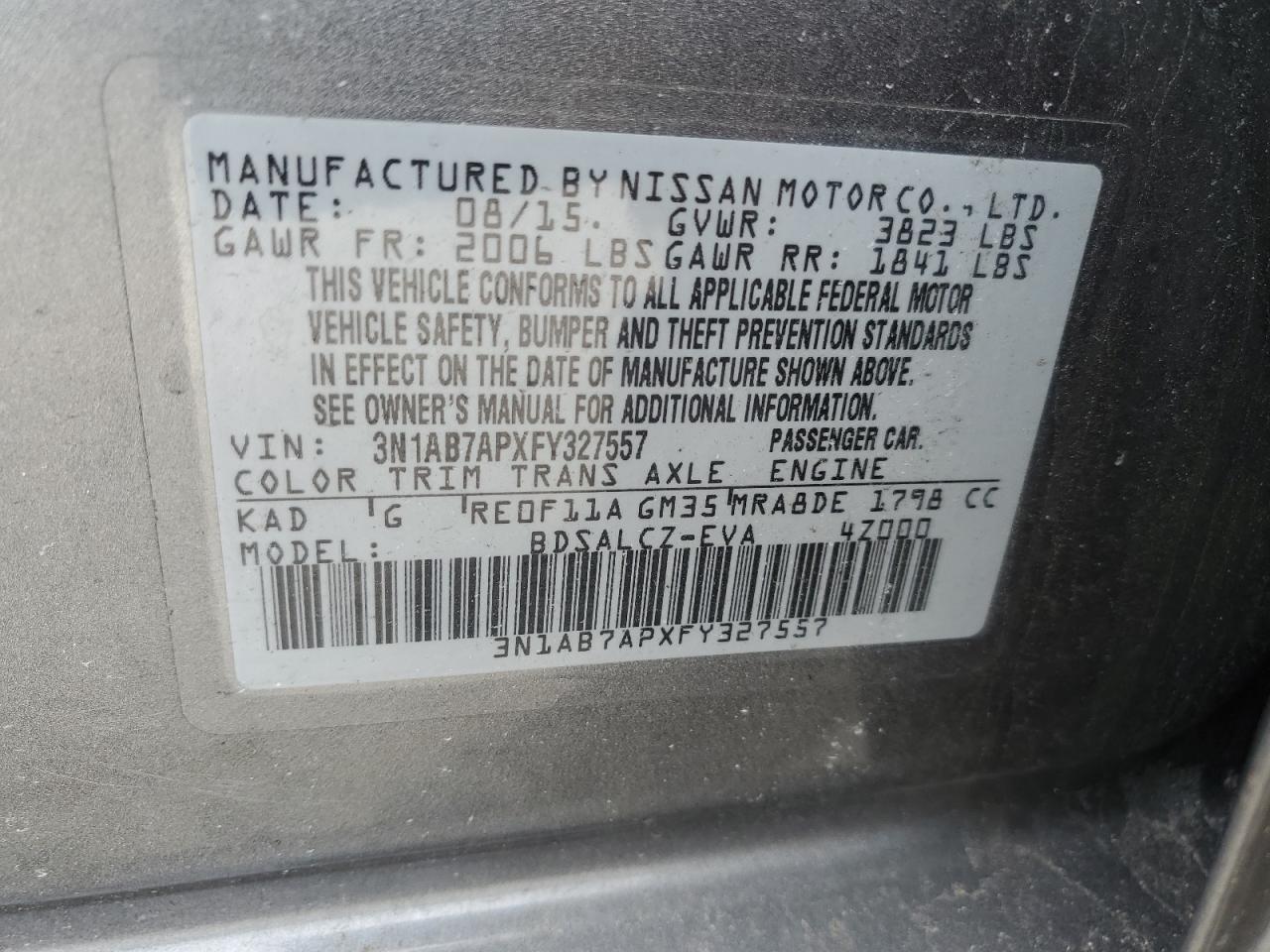 2015 Nissan Sentra VIN 3N1AB7APXFY327557 Copart auction photo, rear end damage thumbnail 12