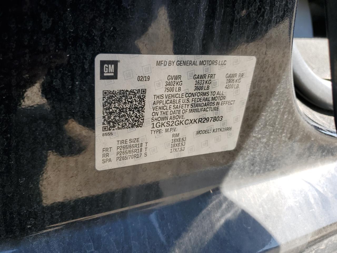 2019 GMC Yukon VIN 1GKS2GKCXKR297803 Copart auction photo, front end / rear end damage thumbnail 15