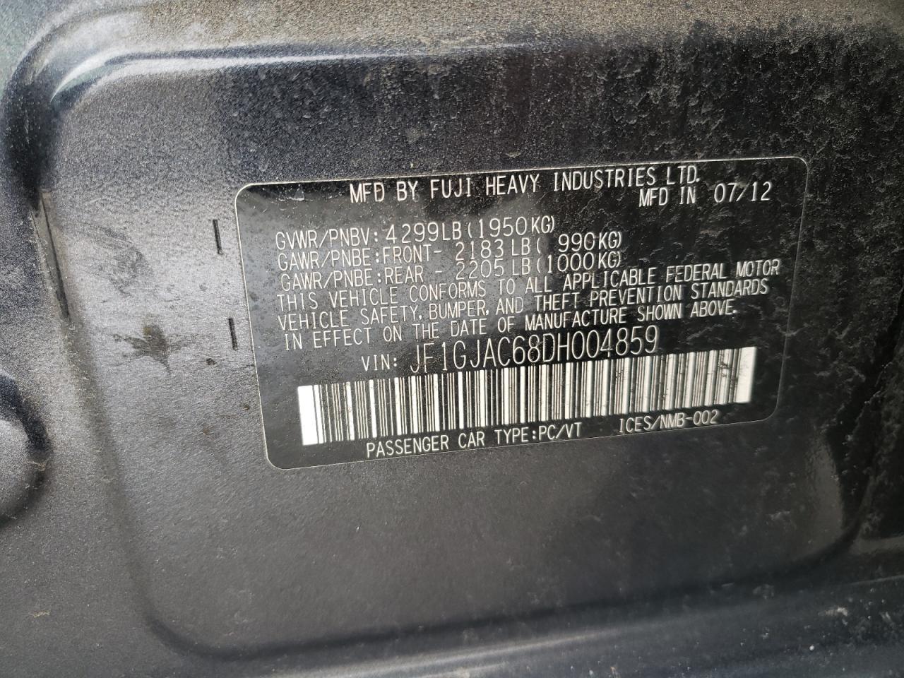 2013 Subaru Impreza VIN JF1GJAC68DH004859 Copart auction photo, front end / mechanical damage thumbnail 12