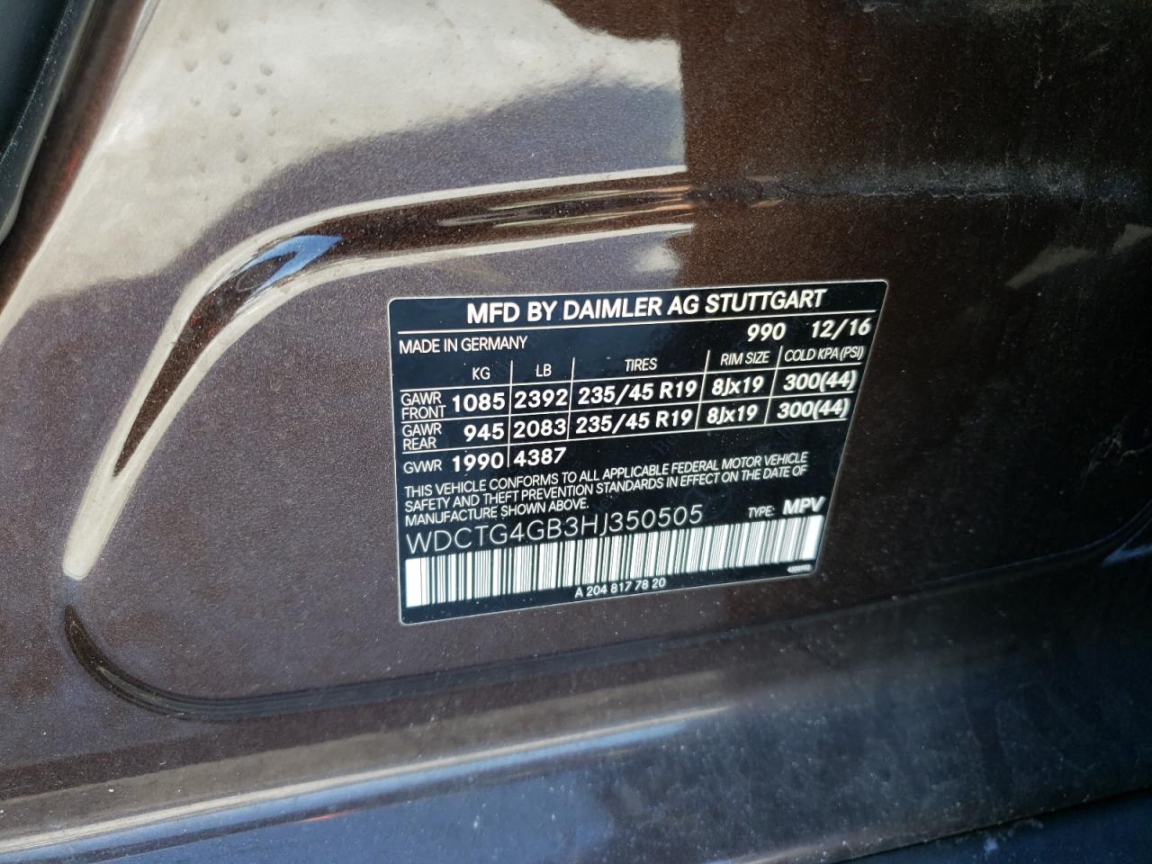 2017 Mercedes-Benz GLA-klasse VIN WDCTG4GB3HJ350505 Copart auction photo, rear end / front end damage thumbnail 13