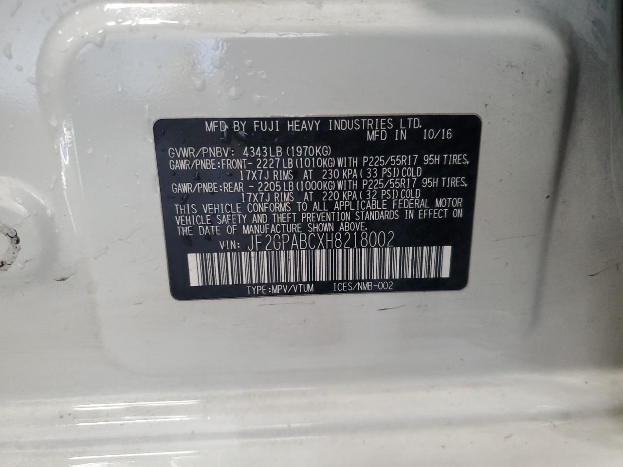 2017 Subaru XV VIN JF2GPABCXH8218002 Copart auction photo, front end / side damage thumbnail 13