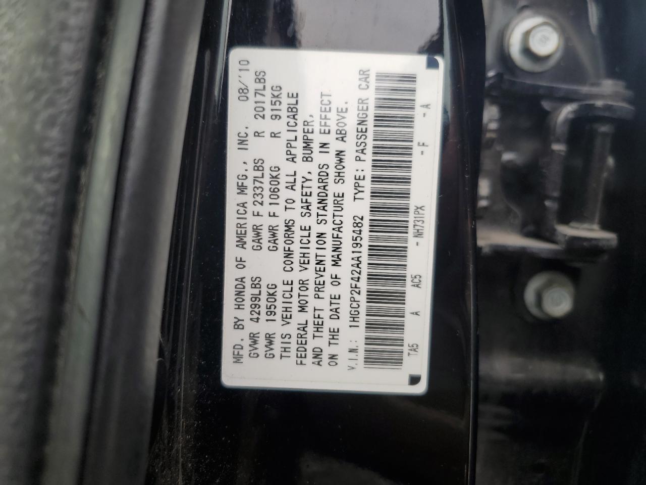 2010 Honda Accord VIN 1HGCP2F42AA195482 Copart auction photo, side damage thumbnail 14