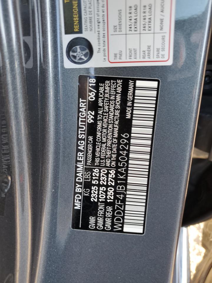 2019 Mercedes-Benz E-klasse VIN WDDZF4JB1KA504296 Copart auction photo, front end damage thumbnail 12
