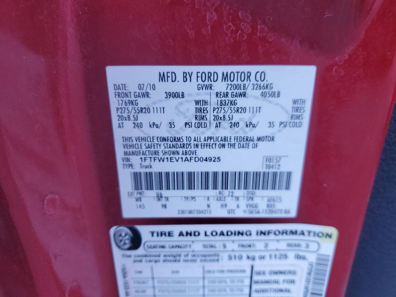2010 Ford F-150 VIN 1FTFW1EV1AFD04925 Copart auction photo, side damage thumbnail 12