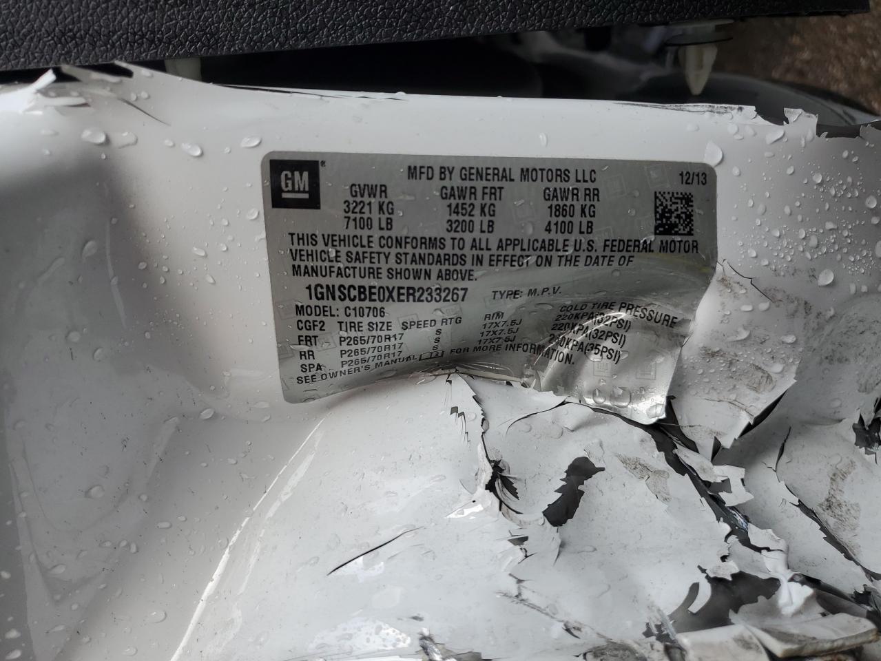 2014 Chevrolet Tahoe VIN 1GNSCBE0XER233267 Copart auction photo, side damage thumbnail 13