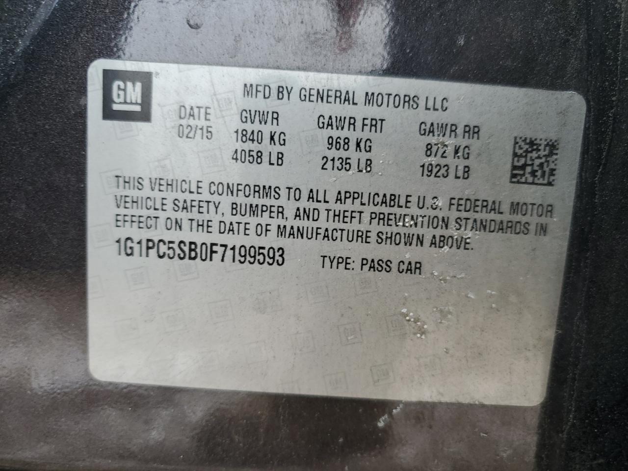 2015 Chevrolet Cruze VIN 1G1PC5SB0F7199593 Copart auction photo, all over damage thumbnail 12