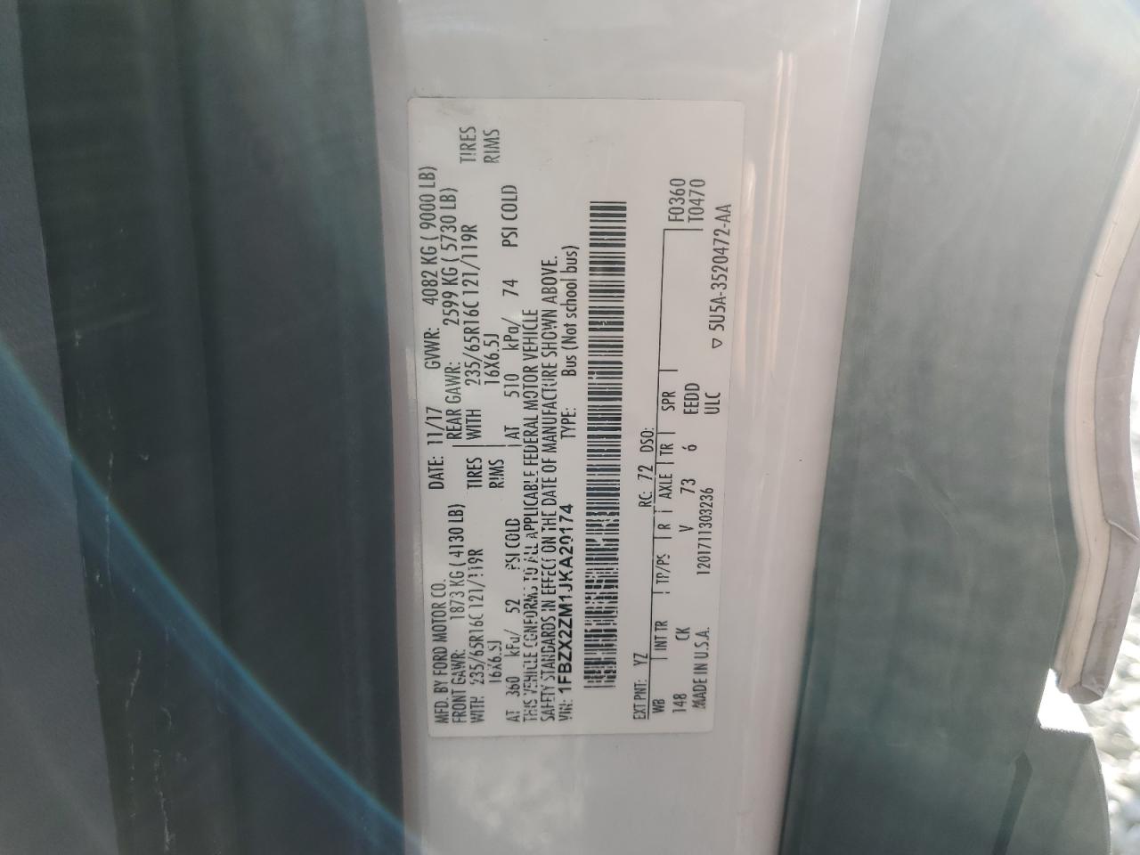 2018 Ford Transit VIN 1FBZX2ZM1JKA20174 Copart auction photo, rear end damage thumbnail 13