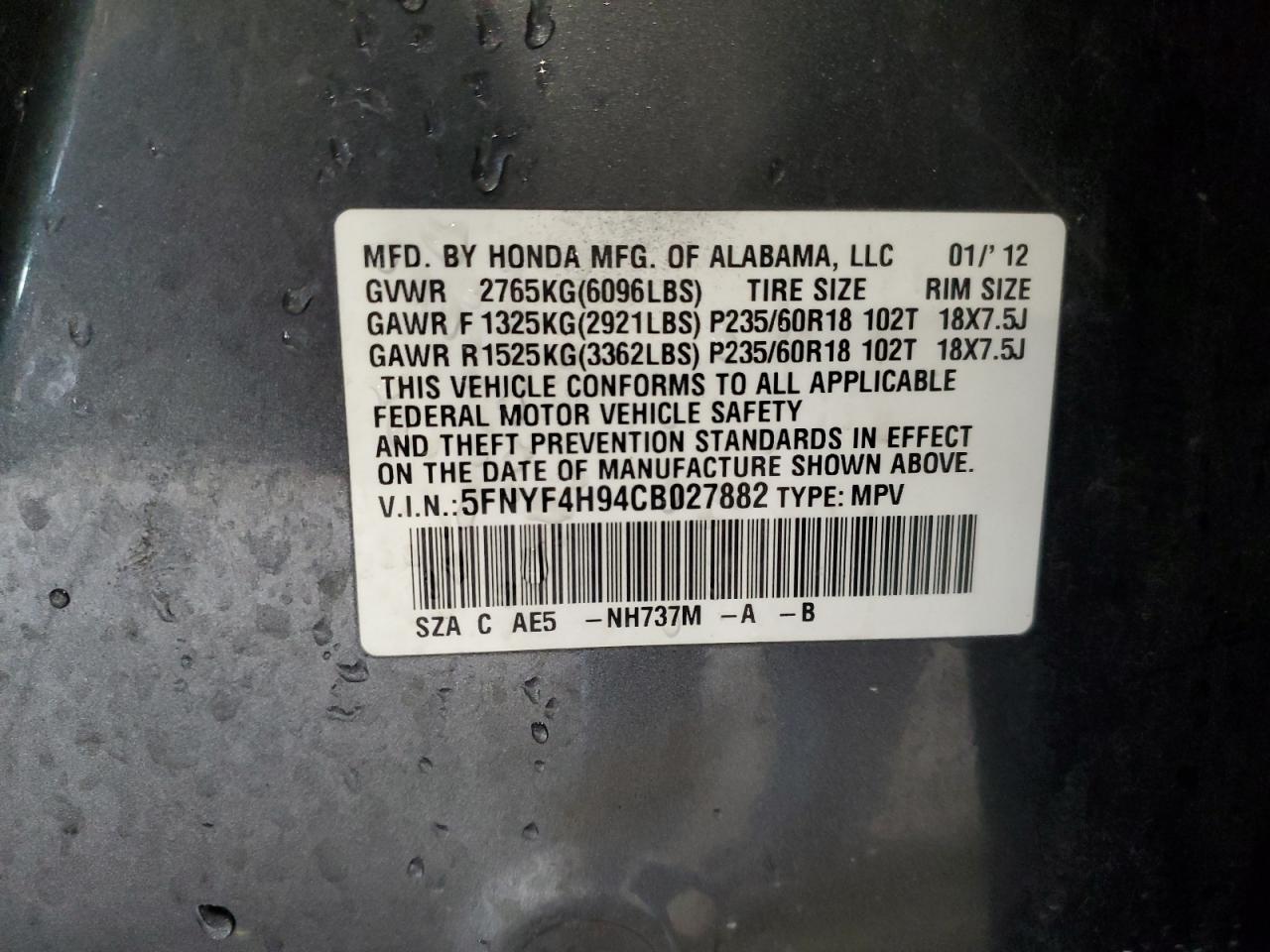 2012 Honda Pilot VIN 5FNYF4H94CB027882 Copart auction photo, front end / side damage thumbnail 13