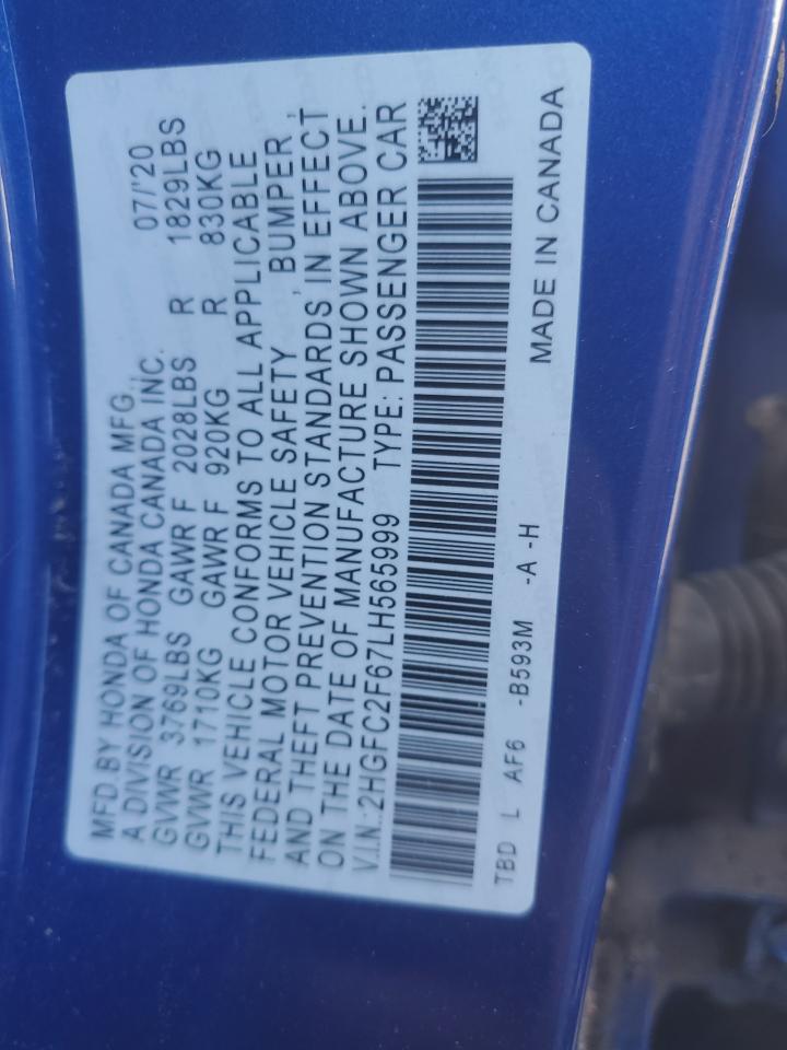 2020 Honda Civic VIN 2HGFC2F67LH565999 Copart auction photo, water/flood / all over damage thumbnail 12