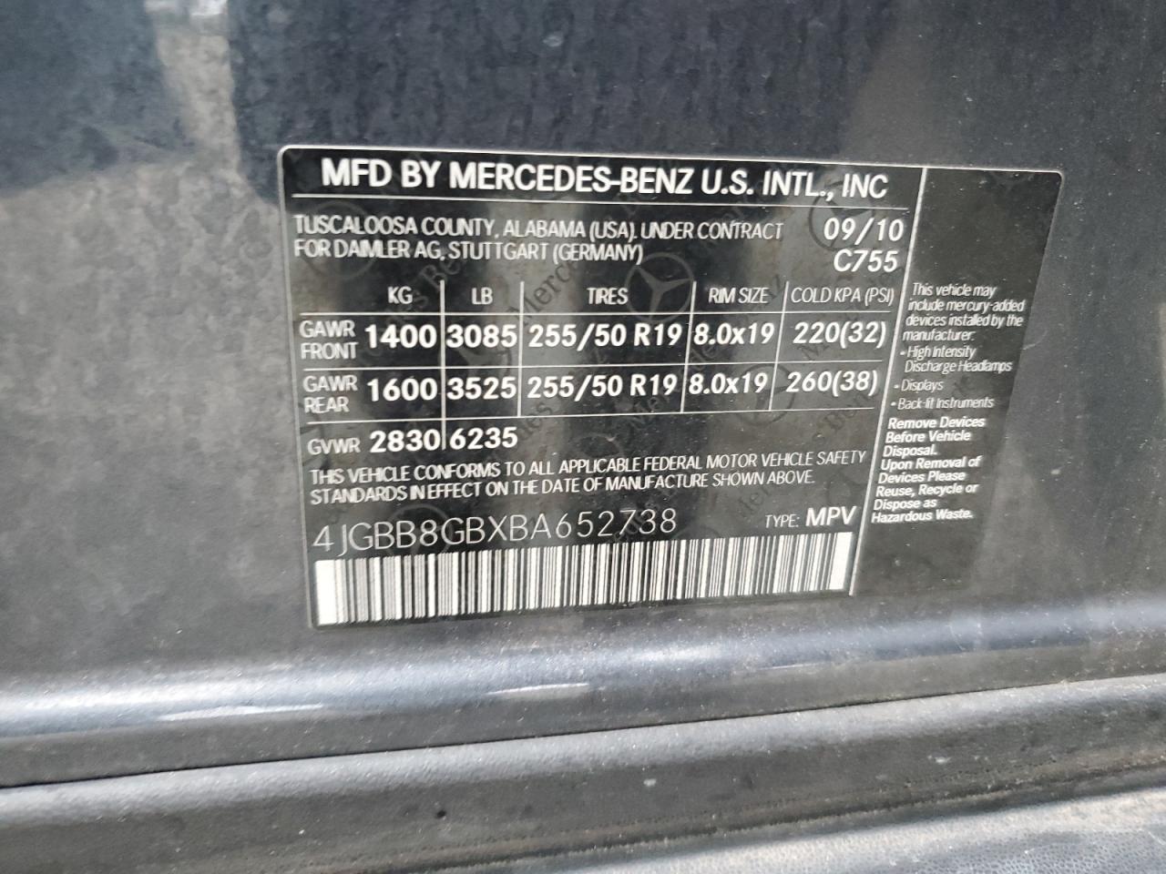 2011 Mercedes-Benz M-klasse VIN 4JGBB8GBXBA652738 Copart auction photo, front end damage thumbnail 16