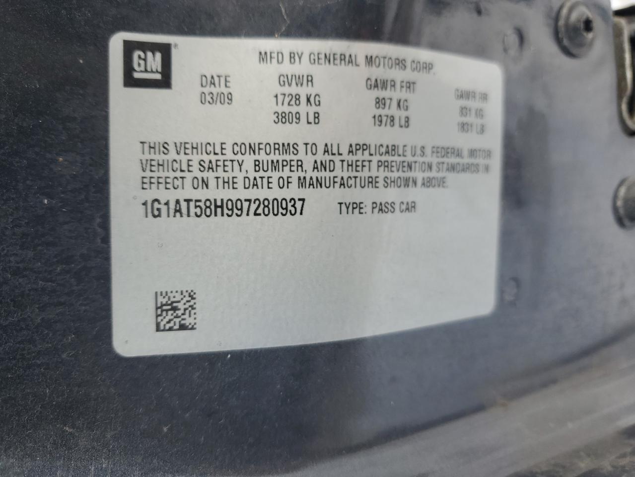 2009 Chevrolet Cobalt VIN 1G1AT58H997280937 Copart auction photo, rear end damage thumbnail 12