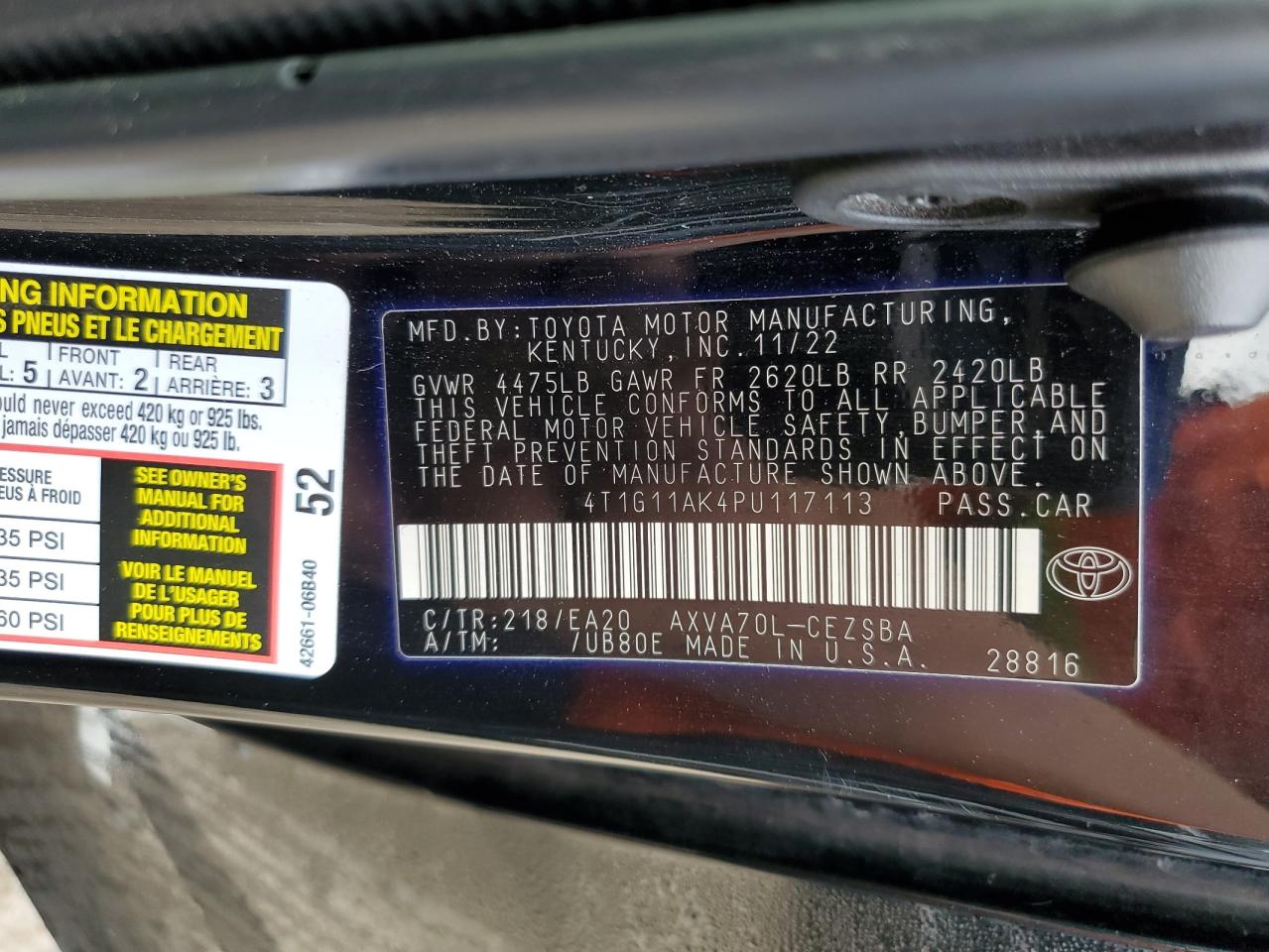 2023 Toyota Camry VIN 4T1G11AK4PU117113 Copart auction photo, front end / side damage thumbnail 13