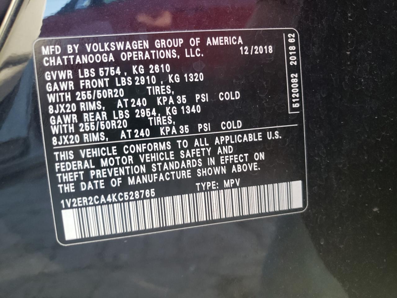 2019 Volkswagen Atlas VIN 1V2ER2CA4KC528765 Copart auction photo, front end damage thumbnail 14