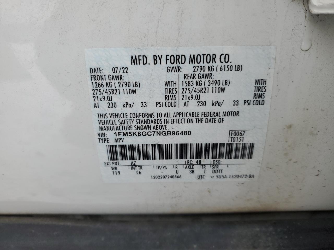 2022 Ford Explorer VIN 1FM5K8GC7NGB96480 Copart auction photo, rear end damage thumbnail 13