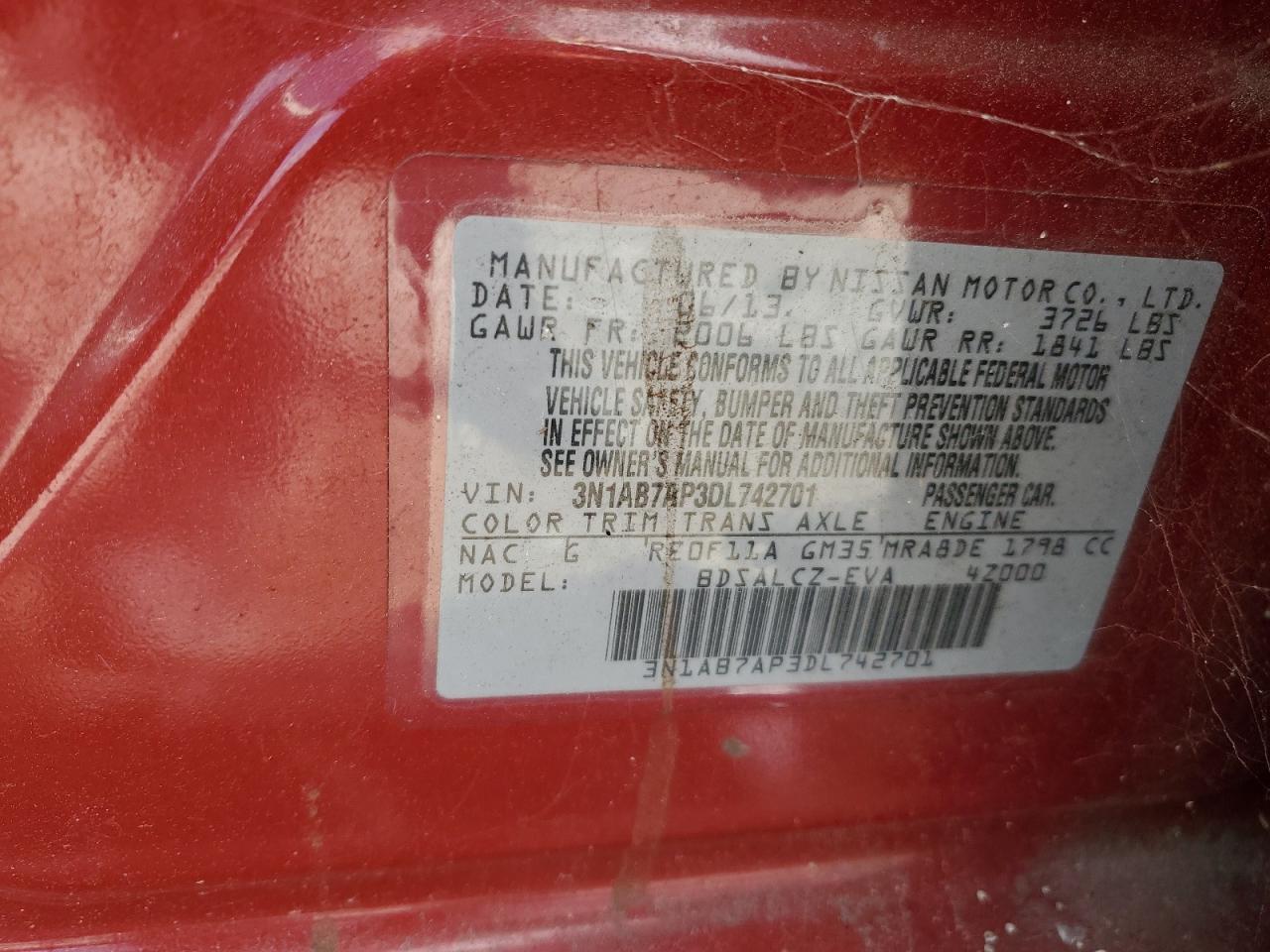 2013 Nissan Sentra VIN 3N1AB7AP3DL742701 Copart auction photo, front end / minor dent/scratches damage thumbnail 15