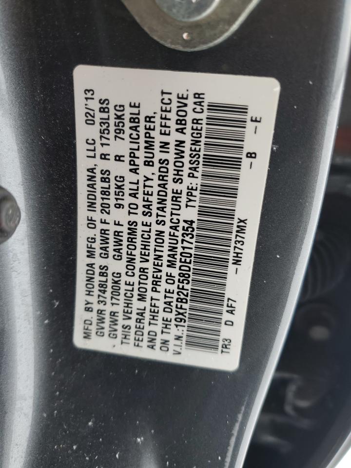 2013 Honda Civic VIN 19XFB2F58DE017354 Copart auction photo, front end damage thumbnail 12