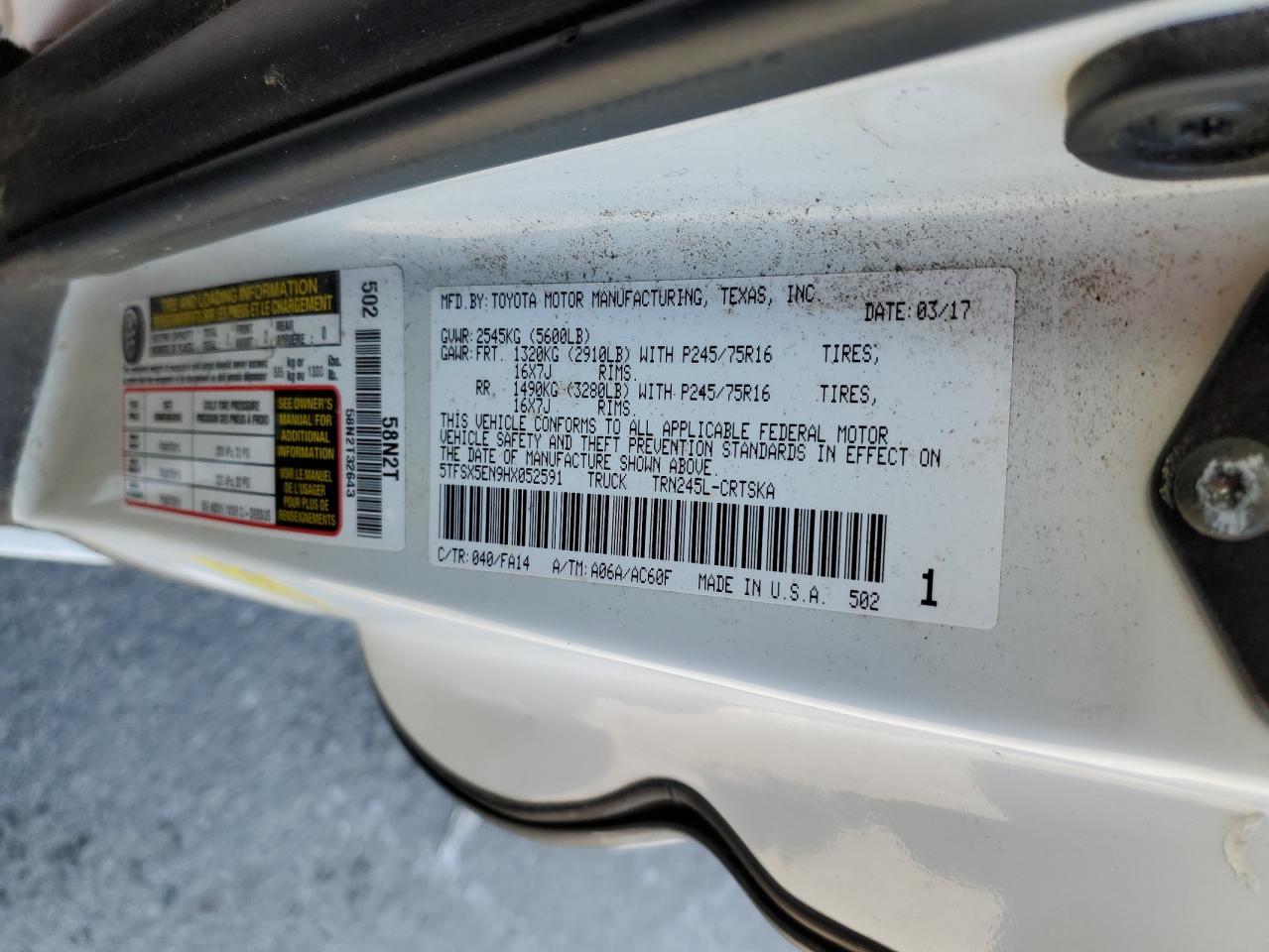 2017 Toyota Tacoma VIN 5TFSX5EN9HX052591 Copart auction photo, front end / undercarriage damage thumbnail 13