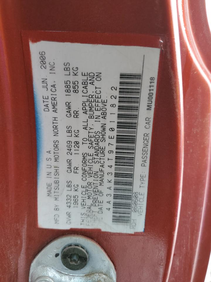 2007 Mitsubishi Eclipse VIN 4A3AK34T97E011822 Copart auction photo, front end damage thumbnail 12