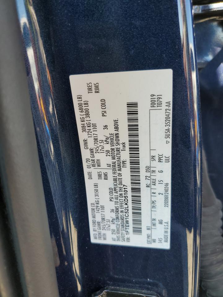 2020 Ford F-150 VIN 1FTEW1C52LKD51017 Copart auction photo, top/roof / rear end damage thumbnail 12