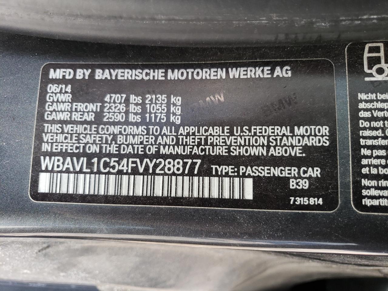 2015 BMW X1 VIN WBAVL1C54FVY28877 Copart auction photo, front end damage thumbnail 14