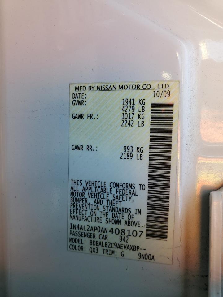 2010 Nissan Altima VIN 1N4AL2AP0AN408107 Copart auction photo, all over damage thumbnail 13