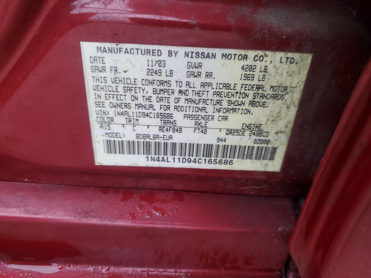 2004 Nissan Altima VIN 1N4AL11D94C165686 Copart auction photo, all over damage thumbnail 13