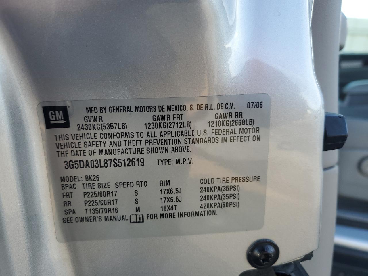 2007 Buick Rendezvous VIN 3G5DA03L87S512619 Copart auction photo, front end / minor dent/scratches damage thumbnail 13