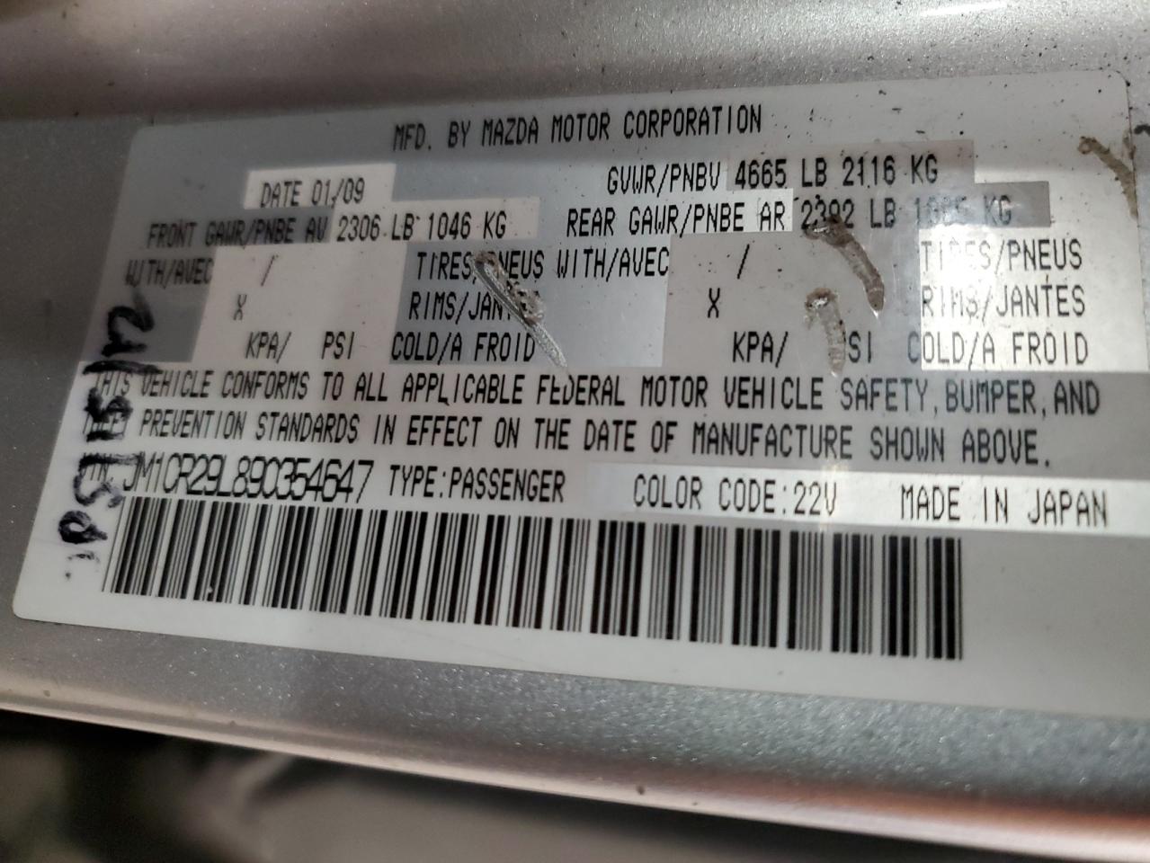 2009 Mazda 5 VIN JM1CR29L890354647 Copart auction photo, front end / all over damage thumbnail 13
