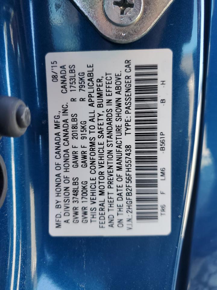 2015 Honda Civic VIN 2HGFB2F56FH557438 Copart auction photo, front end / side damage thumbnail 14