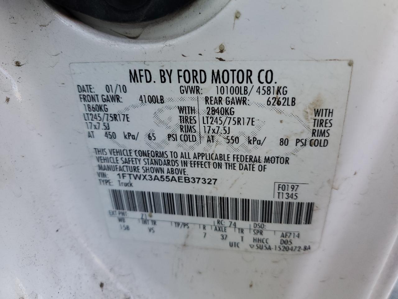 2010 Ford F350 VIN 1FTWX3A55AEB37327 Copart auction photo, rear end damage thumbnail 12
