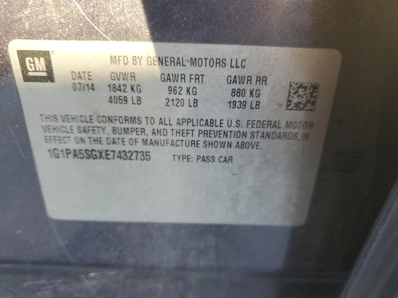 2014 Chevrolet Cruze VIN 1G1PA5SGXE7432735 Copart auction photo, rear end damage thumbnail 12