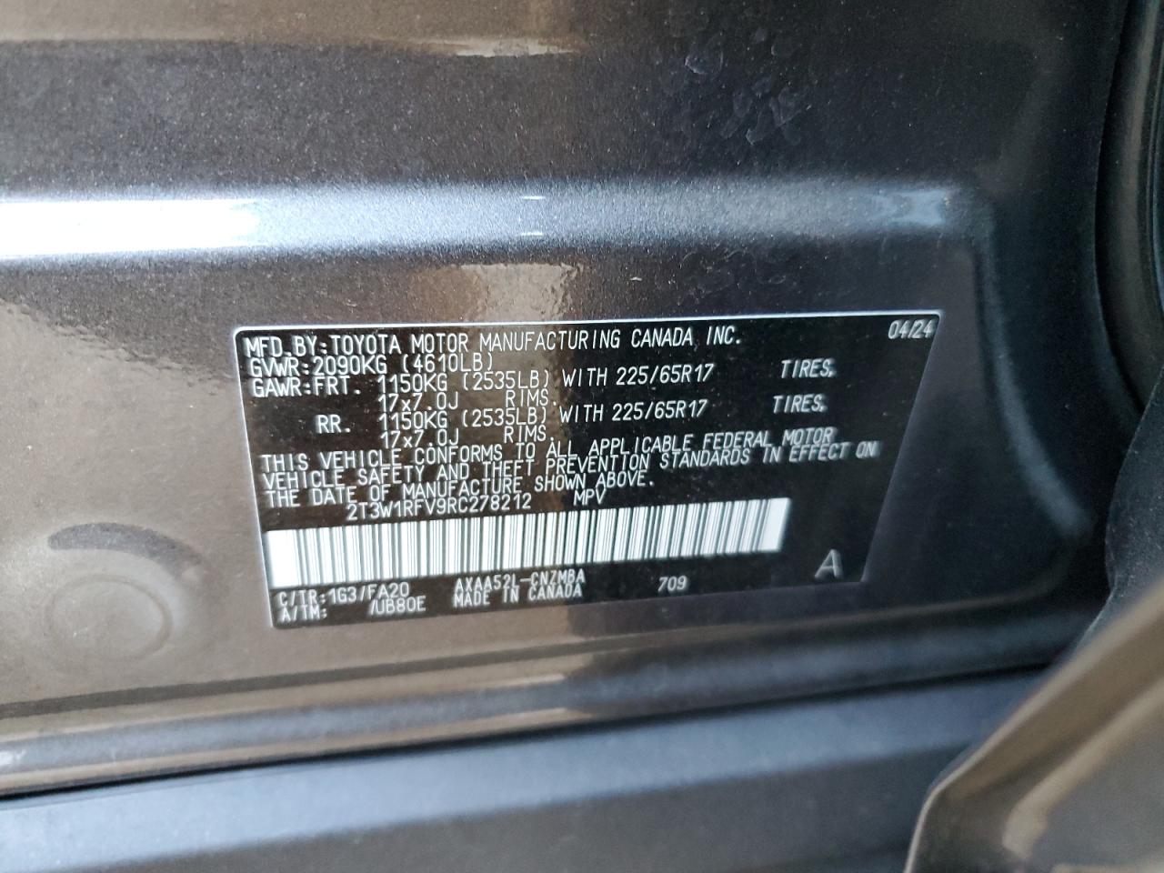 2024 Toyota RAV 4 VIN 2T3W1RFV9RC278212 Copart auction photo, front end / side damage thumbnail 14