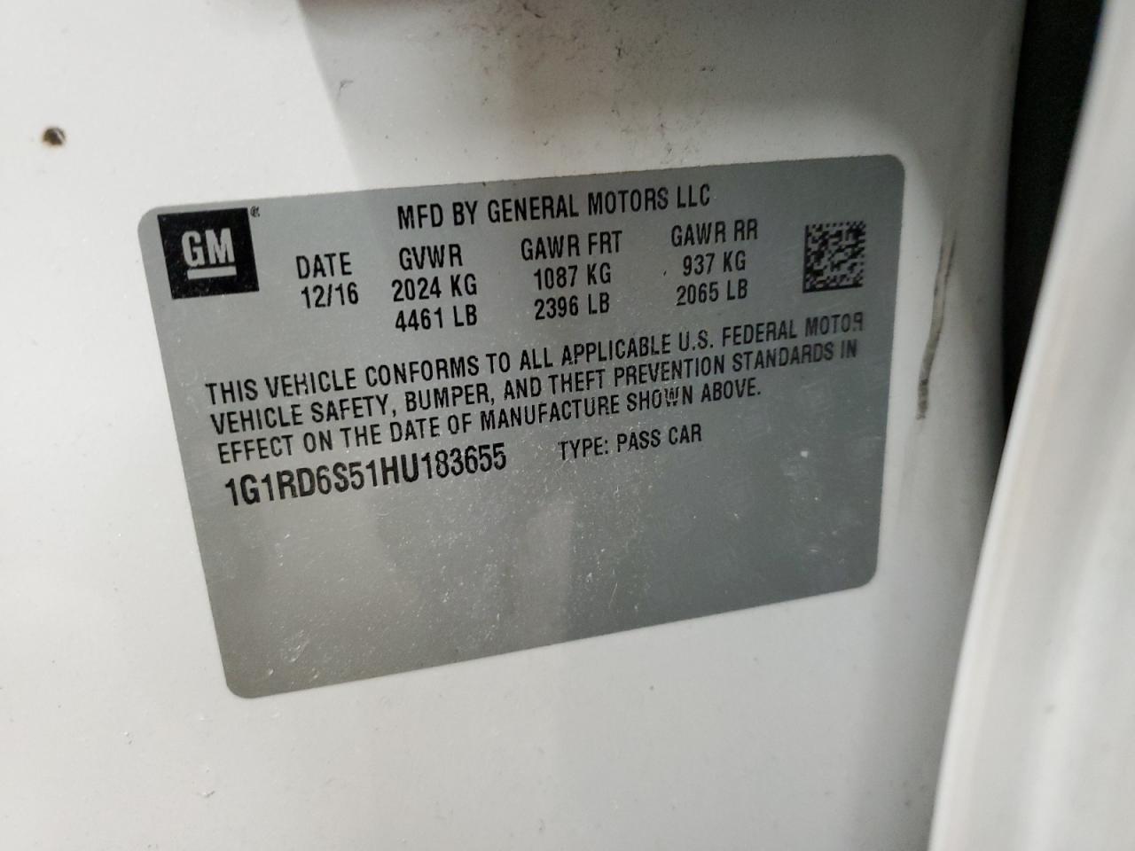 2017 Chevrolet Volt VIN 1G1RD6S51HU183655 Copart auction photo, mechanical damage thumbnail 12