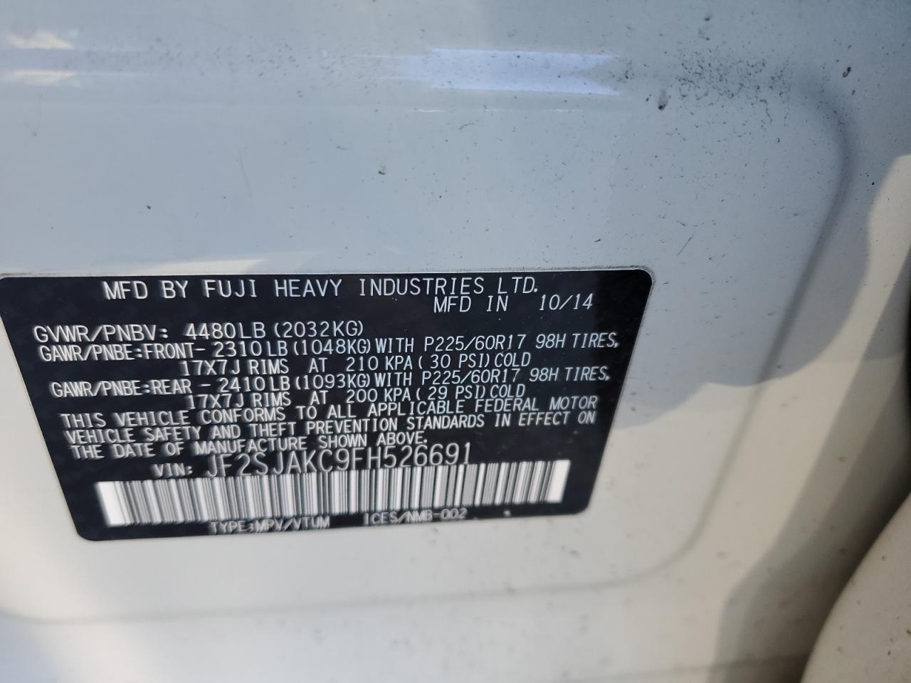 2015 Subaru Forester VIN JF2SJAKC9FH526691 Copart auction photo, all over damage thumbnail 13