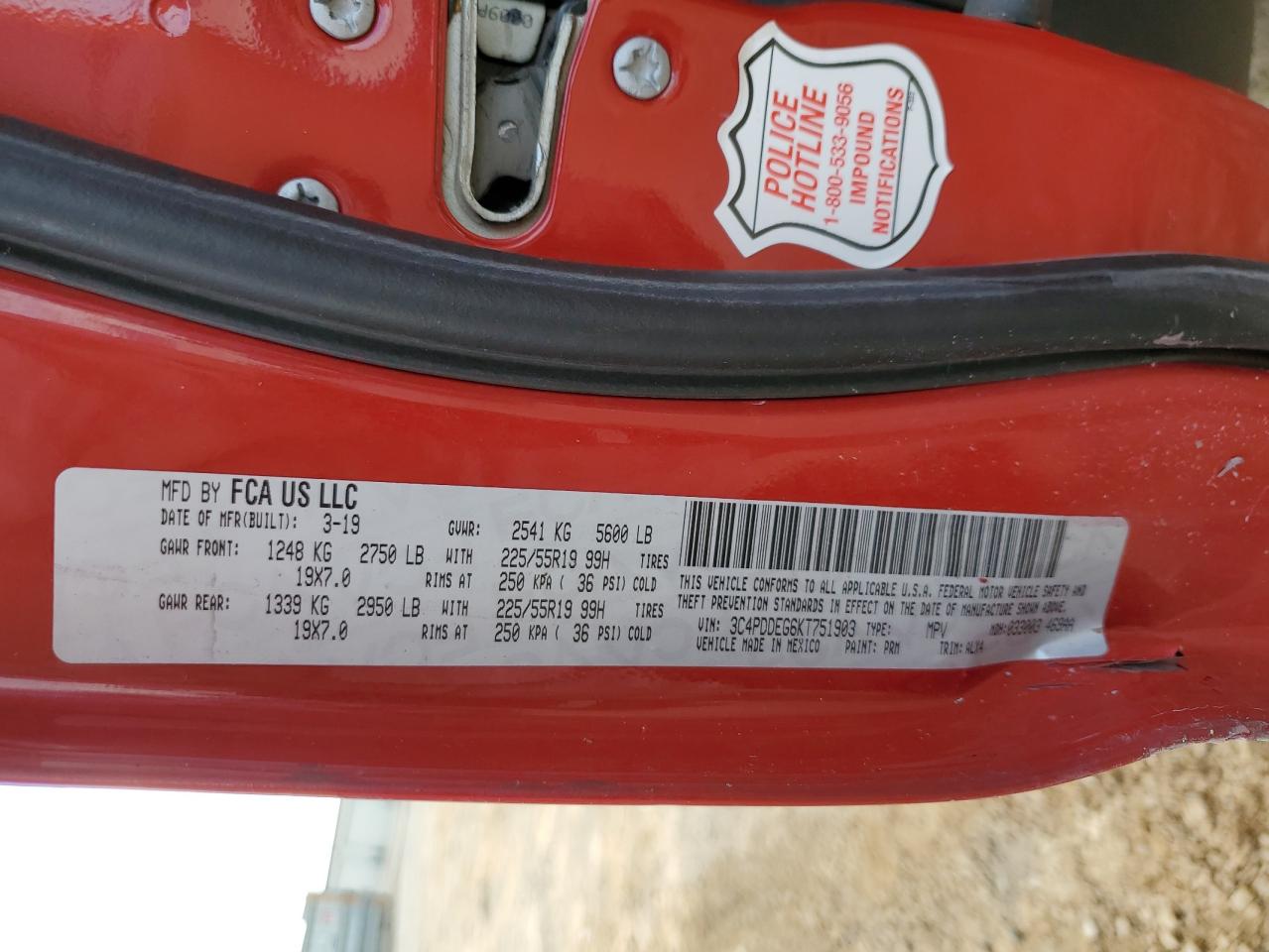 2019 Dodge Journey VIN 3C4PDDEG6KT751903 Copart auction photo, all over / undercarriage damage thumbnail 15