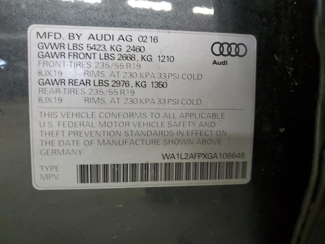 2016 Audi Q5 VIN WA1L2AFPXGA106648 Copart auction photo, side / undercarriage damage thumbnail 13