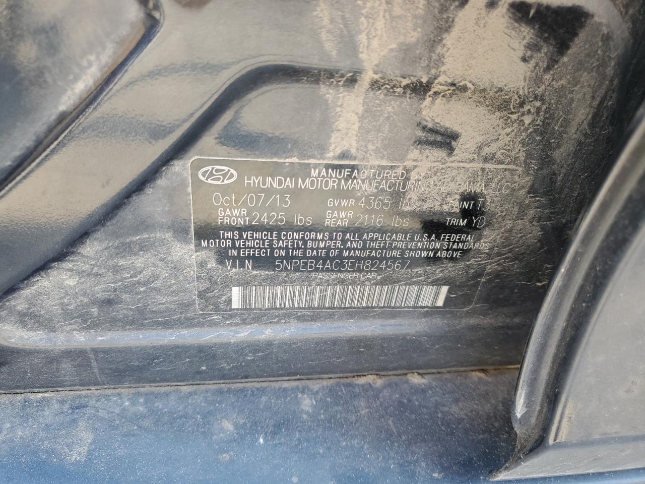 2014 Hyundai Sonata VIN 5NPEB4AC3EH824567 Copart auction photo, all over damage thumbnail 12