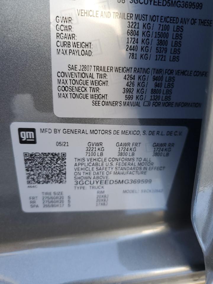 2021 Chevrolet Silverado VIN 3GCUYEED5MG369599 Copart auction photo, front end damage thumbnail 15