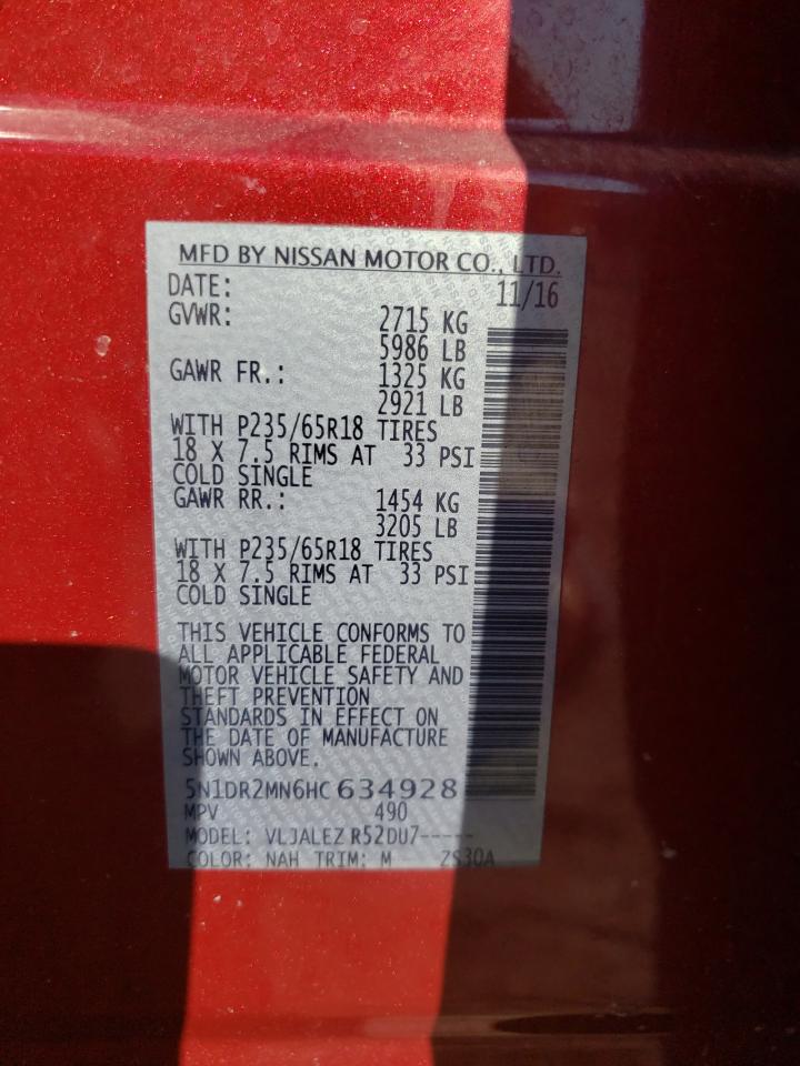 2017 Nissan Pathfinder VIN 5N1DR2MN6HC634928 Copart auction photo, front end damage thumbnail 15