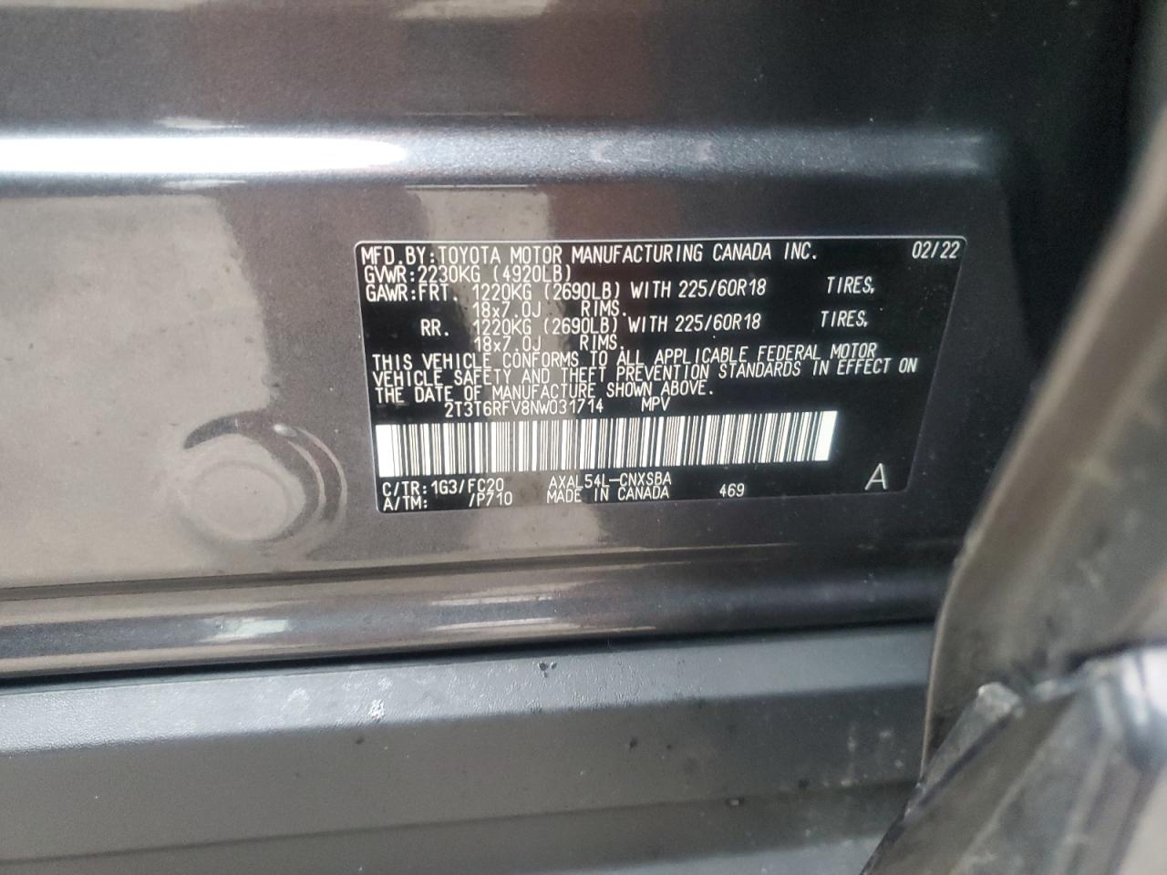 2022 Toyota RAV 4 VIN 2T3T6RFV8NW031714 Copart auction photo, front end / side damage thumbnail 15