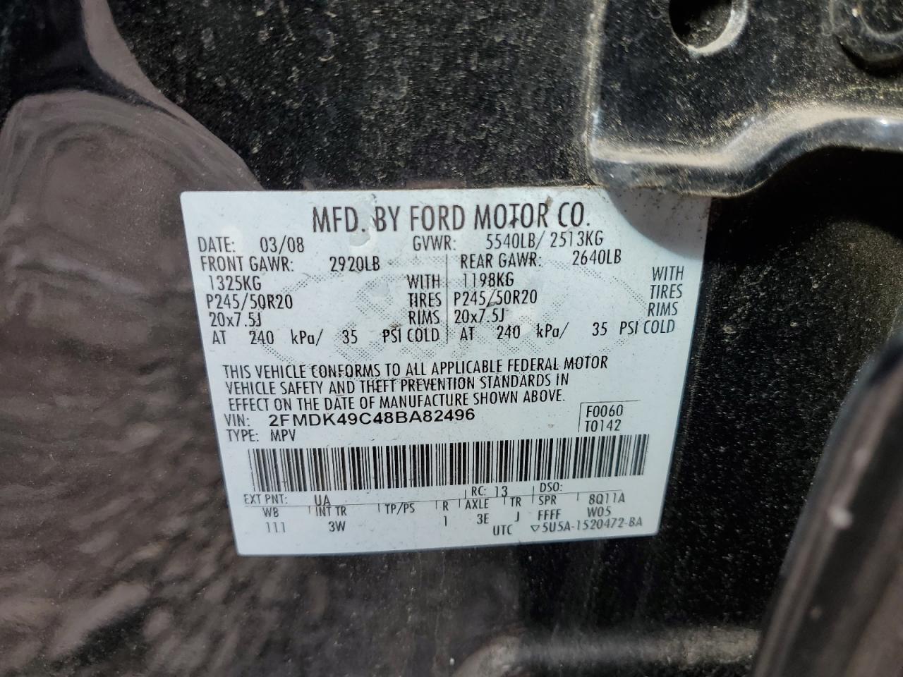 2008 Ford Edge VIN 2FMDK49C48BA82496 Copart auction photo, side damage thumbnail 13