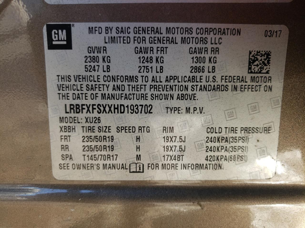 2017 Buick Envision VIN LRBFXFSXXHD193702 Copart auction photo, front end damage thumbnail 14