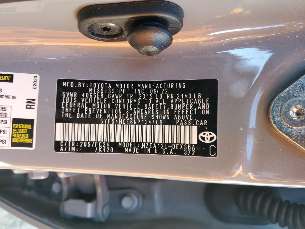 2022 Toyota Corolla VIN 5YFS4MCE6NP134469 Copart auction photo, all over damage thumbnail 12