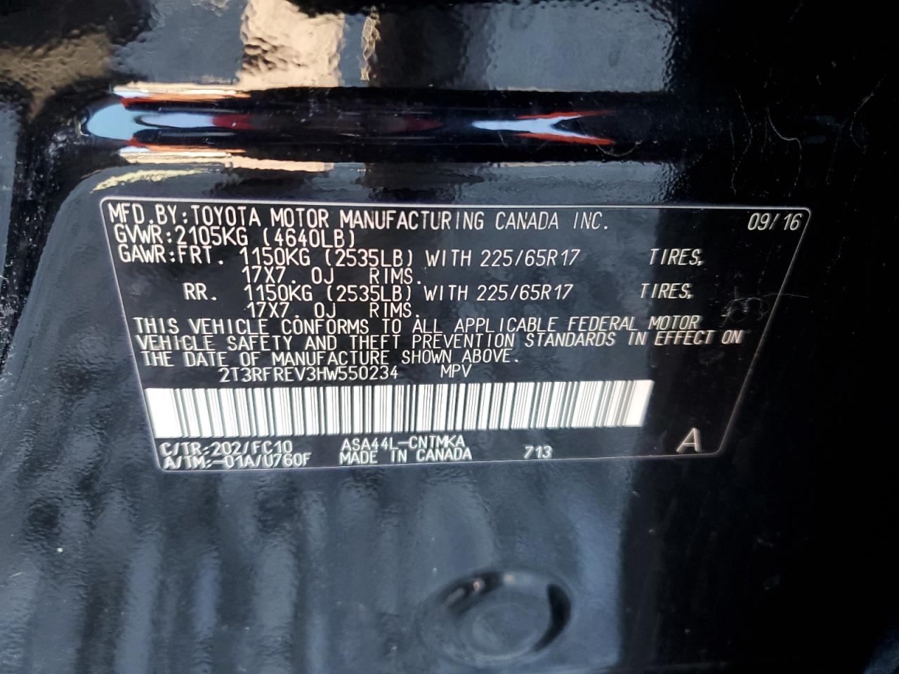 2017 Toyota RAV 4 VIN 2T3RFREV3HW550234 Copart auction photo, front end damage thumbnail 14